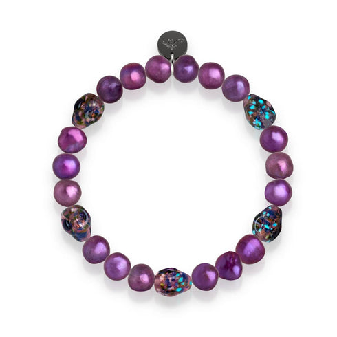 Violette Schatten | 925er Sterlingsilber | Lila Süßwasserperle x Glühwürmchen-Glas-Totenkopf-Armband